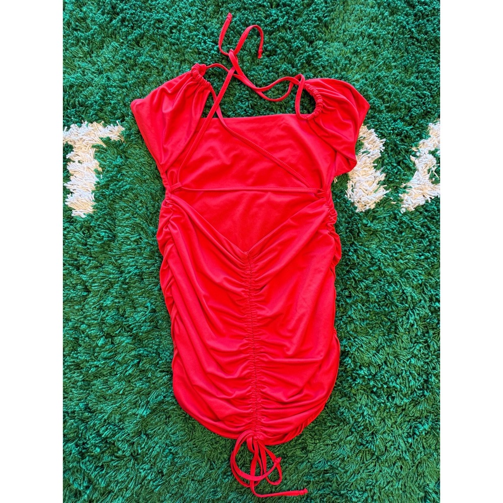 Unbranded Ruched Mini Dress Womens Small Red Excellent Bodycon Open Back Tie